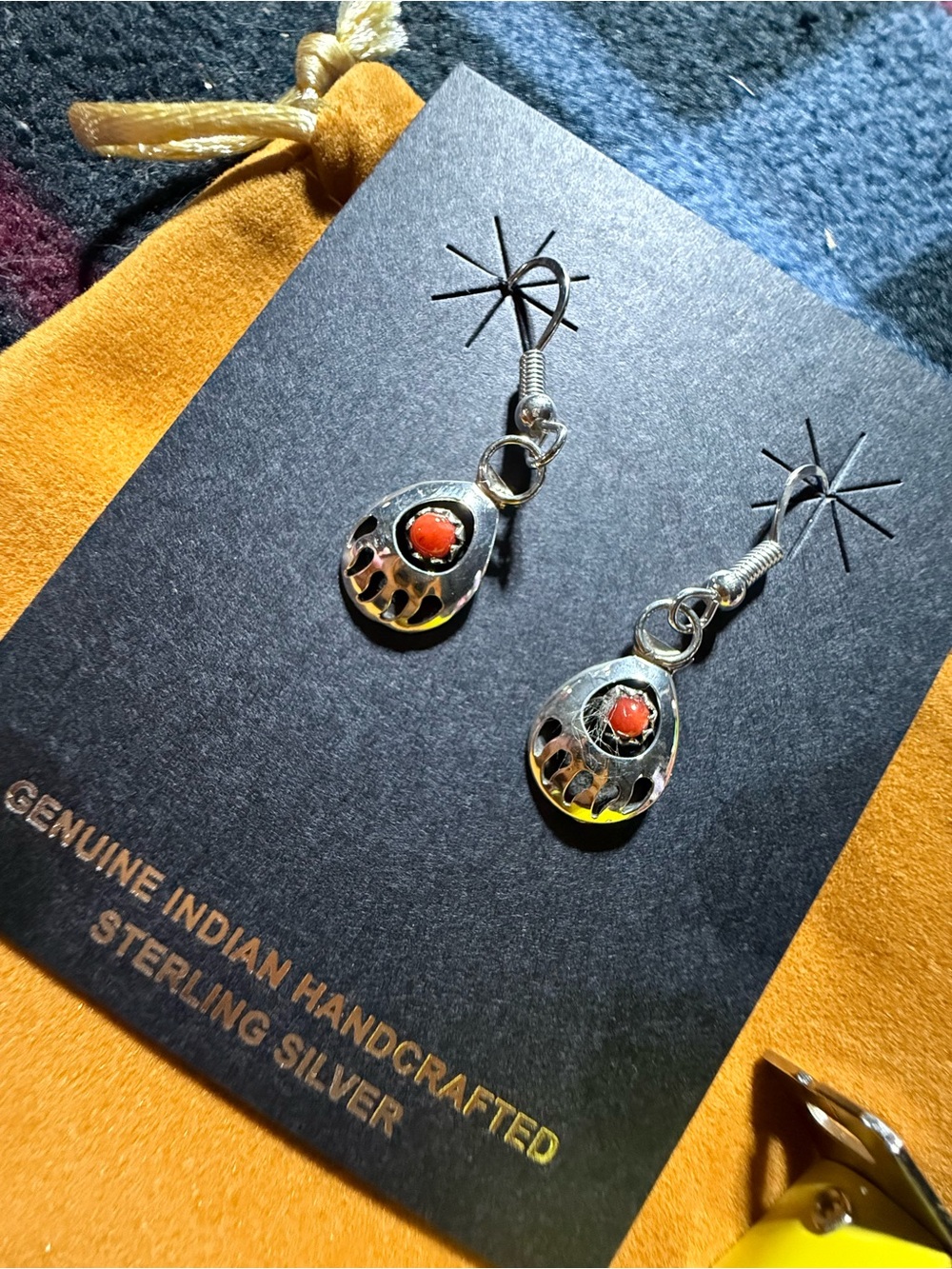 Native American Sterling Silver Bear Paw Coral Dangle Earrings Handcrafted New